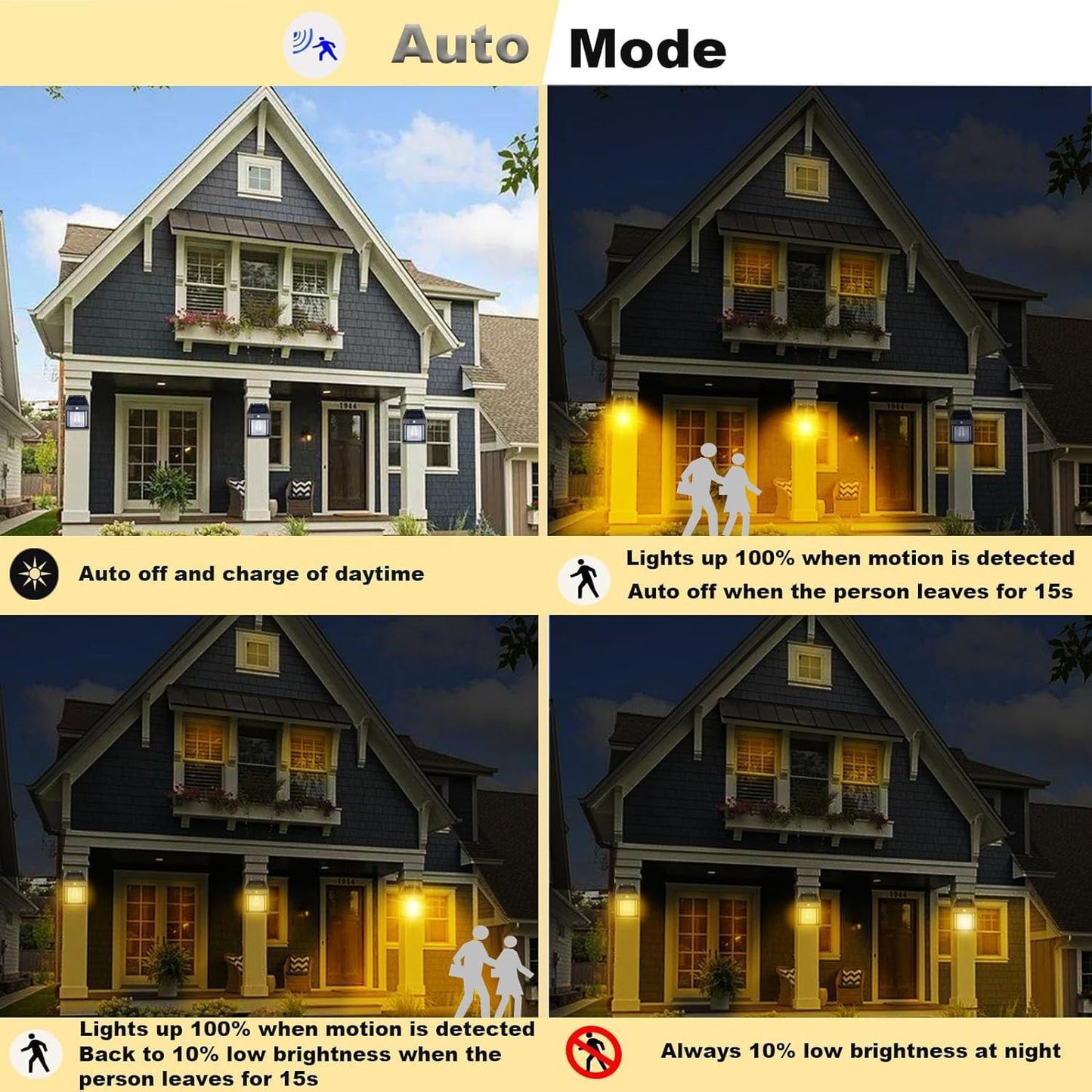 Solar Wall Lights Outdoor Motion Sensor Auto Chargeable Exterior LED Sconce Front Porch Security Lamps waterproof for Patio Garden (Pack of 1, Warm Yellow)